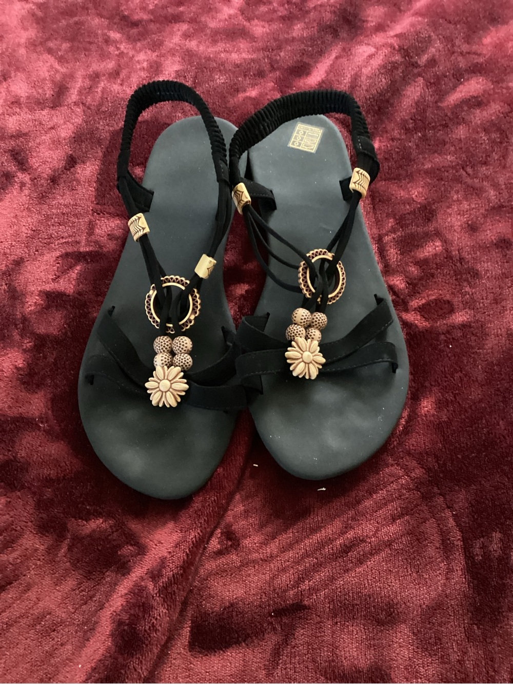 Source Unknown Black Sandals with Gold Floral Accents